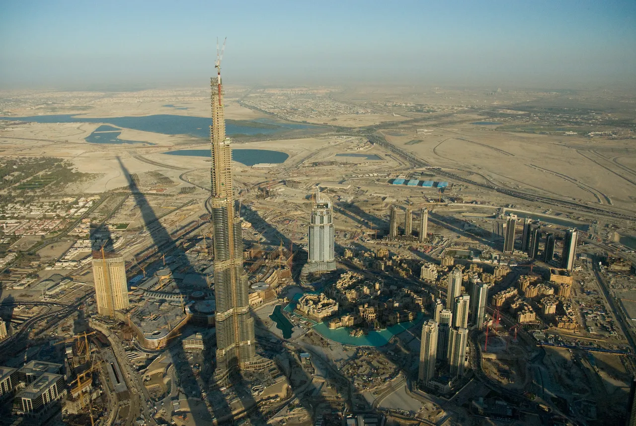 The Burj Khalifa and the Dubai skyline at dusk, United Arab Emirates